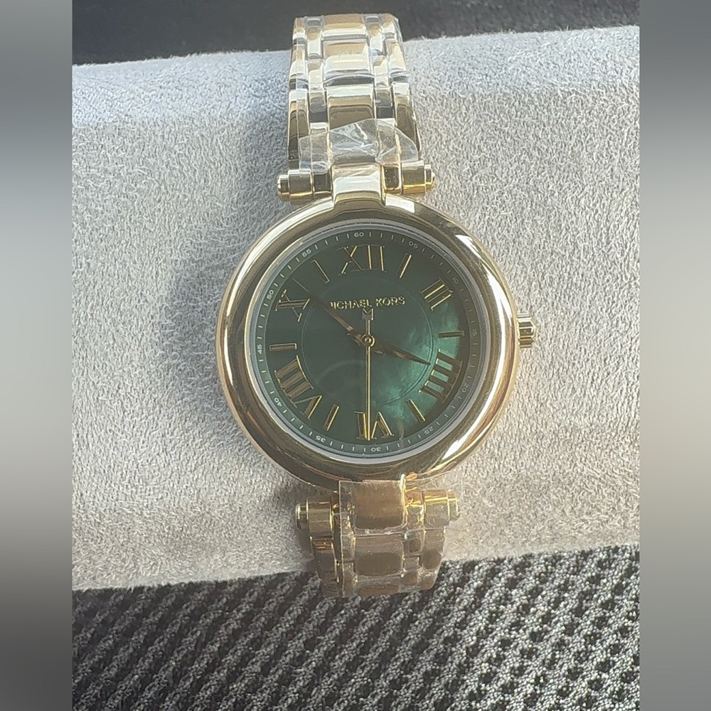 NEW WITH PLASTIC Michael Kors Gold Watch with Green Dial